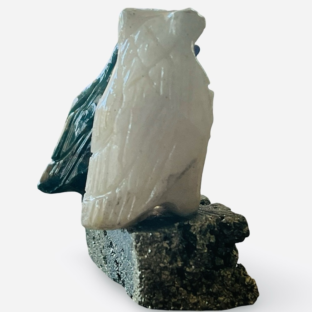 Handcrafted Carved Stone Owl Figurines on Pyrite Base - Picture 2 of 6